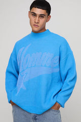 Oversized Extended Neck Rib Varsity Knitted Jumper