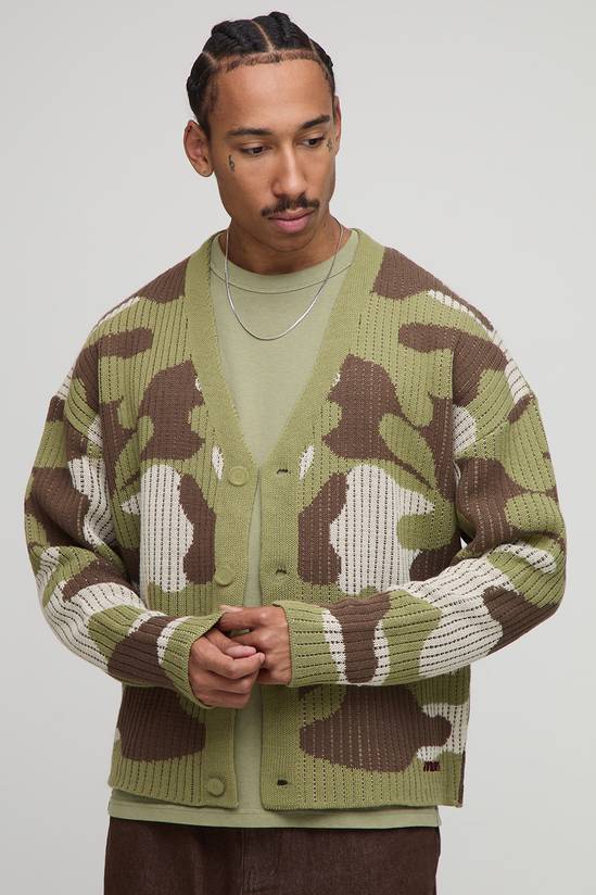 Oversized Boxy Ribbed Camo Knitted Cardigan