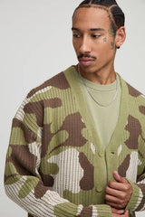 Oversized Boxy Ribbed Camo Knitted Cardigan