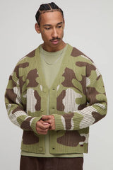 Oversized Boxy Ribbed Camo Knitted Cardigan