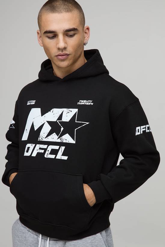 Black Oversized Boxy M Star Printed Hoodie