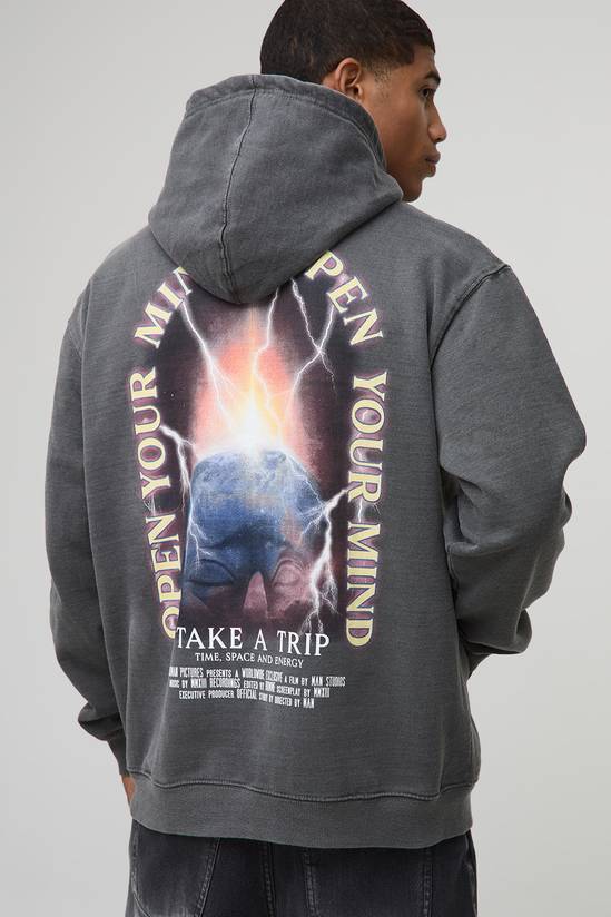 Washed Charcoal Oversized Space Graphic Print Hoodie
