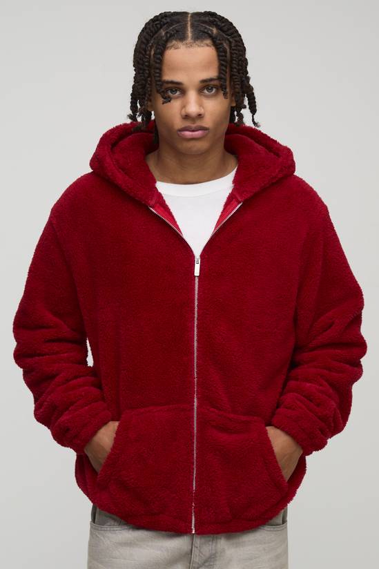 Regular Fit Fluffy Borg Embroidered Zip Through Hoodie