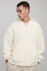 Oversized Fluffy Borg Man Tab V Neck Hoodie