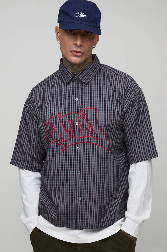 Tall Oversized Boxy Graffiti Applique Faux Layer Micro Check Shirt