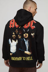 Black Oversized AC/DC License Printed Hoodie