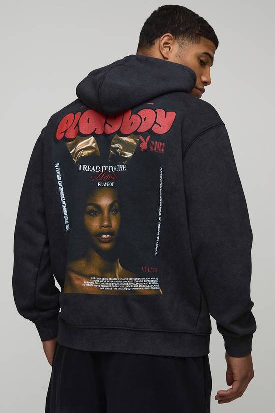 Black Oversized Playboy Washed License Printed Hoodie