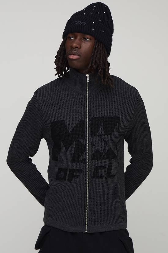 Muscle Fit Ribbed Knitted Zip Thru Jumper