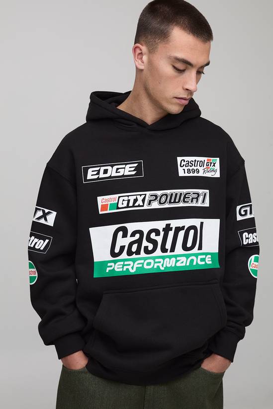 Black Oversized Castrol Racing Moto License Printed Hoodie