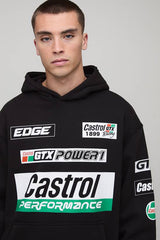 Black Oversized Castrol Racing Moto License Printed Hoodie