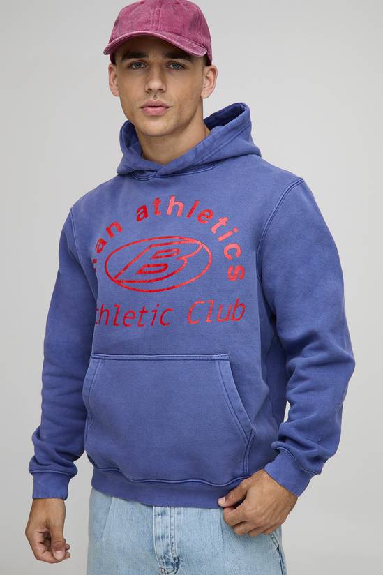 Navy Regular Fit Athletic Club Washed Printed Hoodie