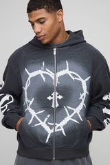 Oversized Boxy Reverse Loopback Heart Print Zip Through Hoodie