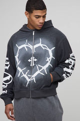 Oversized Boxy Reverse Loopback Heart Print Zip Through Hoodie