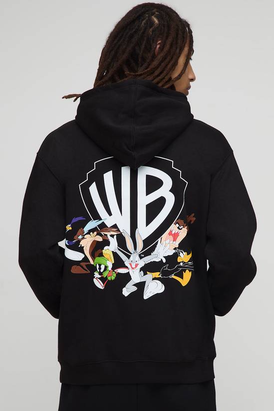 Black Oversized Warner Bros Logo License Printed Hoodie