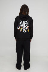 Black Oversized Warner Bros Logo License Printed Hoodie