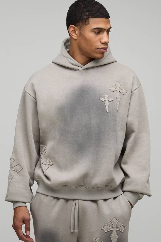Oversized Boxy Spray Wash Cross Applique Hoodie