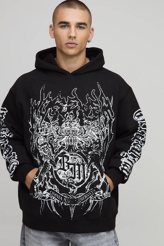 Black Oversized Gothic BM Crest Printed Hoodie