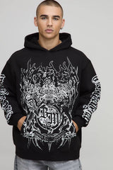 Black Oversized Gothic BM Crest Printed Hoodie