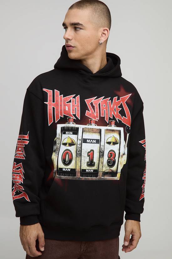 Black Oversized Slot Machine Printed Hoodie