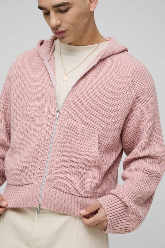 Boxy Fit Ribbed Zip Thru Knitted Hoodie