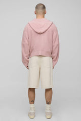 Boxy Fit Ribbed Zip Thru Knitted Hoodie
