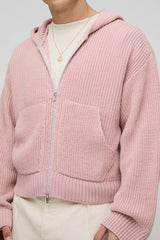Boxy Fit Ribbed Zip Thru Knitted Hoodie