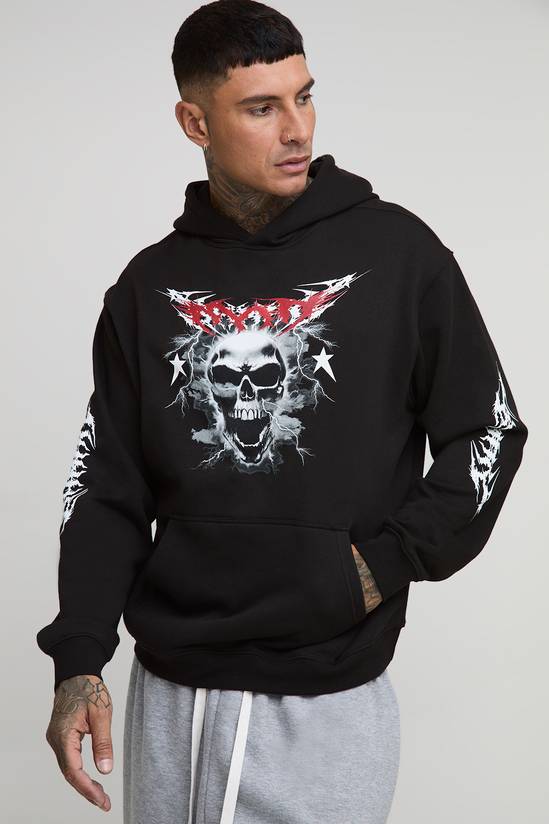 Tall Oversized Gothic Skull Man Print Hoodie