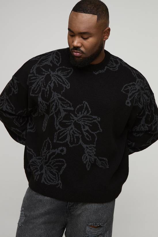 Plus Boxy Oversized Fluffy Floral Jacquard Knitted Jumper
