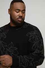Plus Boxy Oversized Fluffy Floral Jacquard Knitted Jumper