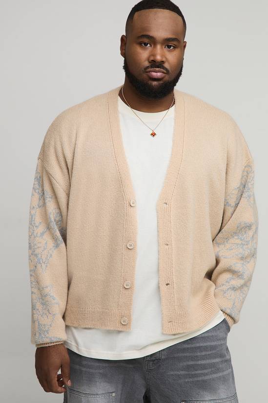 Plus Boxy Oversized Fluffy Floral Jacquard Knitted Cardigan