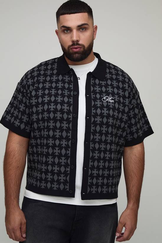 Plus Oversized Boxy Fit Jacquard Patch Knitted Shirt
