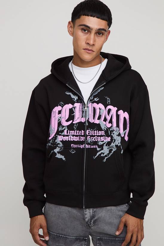 Black Oversized Boxy Zip Through Ofcl Man Printed Hoodie