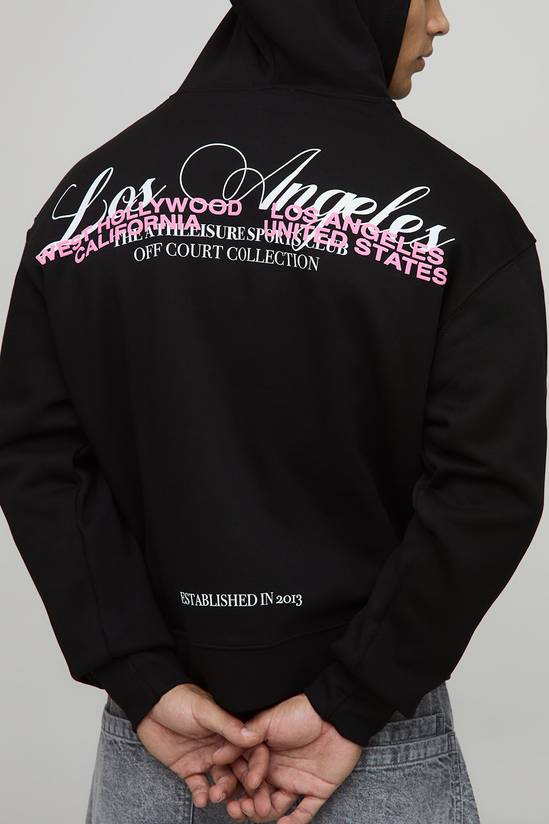Black Oversized Boxy Zip Through Los Angeles Puff Print Hoodie