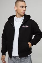 Black Oversized Boxy Zip Through Los Angeles Puff Print Hoodie