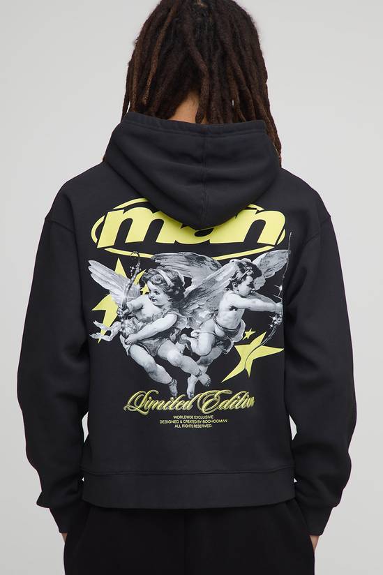Black Oversized Boxy Zip Through Renaissance Star Washed Hoodie
