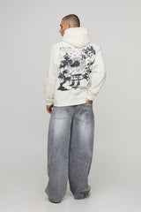 Ecru Regular Fit Stencil Landscape Printed Hoodie