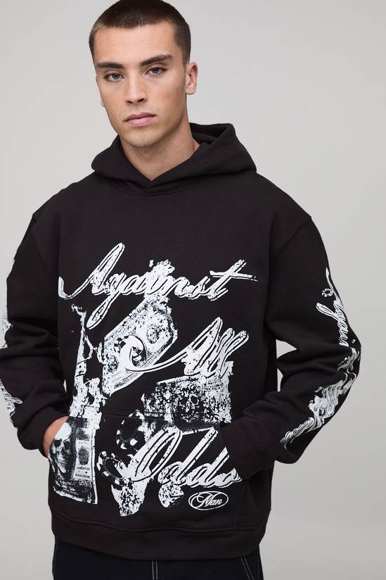 Black Oversized Boxy Against Odds Graphic Printed Hoodie