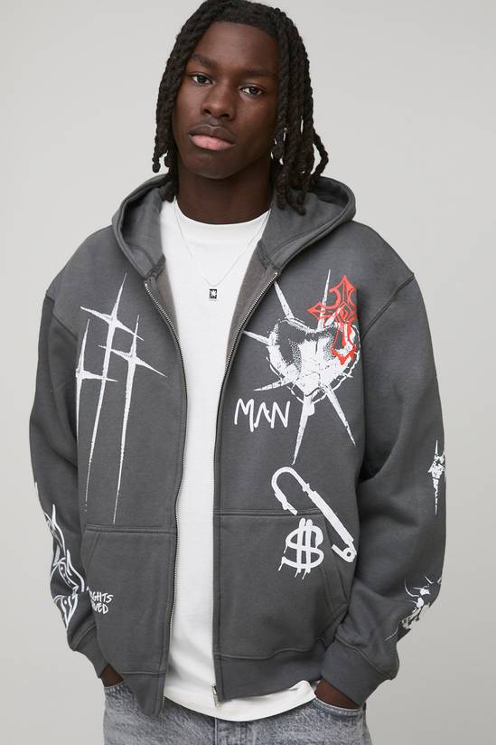Charcoal Oversized Zip Through Graffiti Tattoo Printed Hoodie