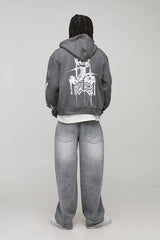 Charcoal Oversized Zip Through Graffiti Tattoo Printed Hoodie