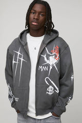 Charcoal Oversized Zip Through Graffiti Tattoo Printed Hoodie