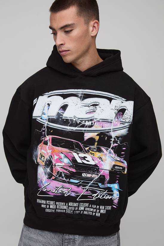 Black Oversized Boxy Lightening Moto Graphic Hoodie
