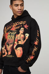 Black Oversized Boxy American Tour Graphic Hoodie