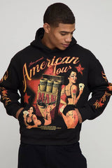 Black Oversized Boxy American Tour Graphic Hoodie