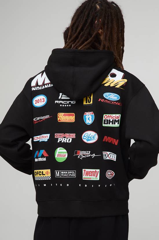 Black Oversized Boxy Zip Through Moto Badge Printed Hoodie