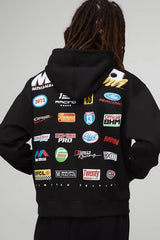 Black Oversized Boxy Zip Through Moto Badge Printed Hoodie