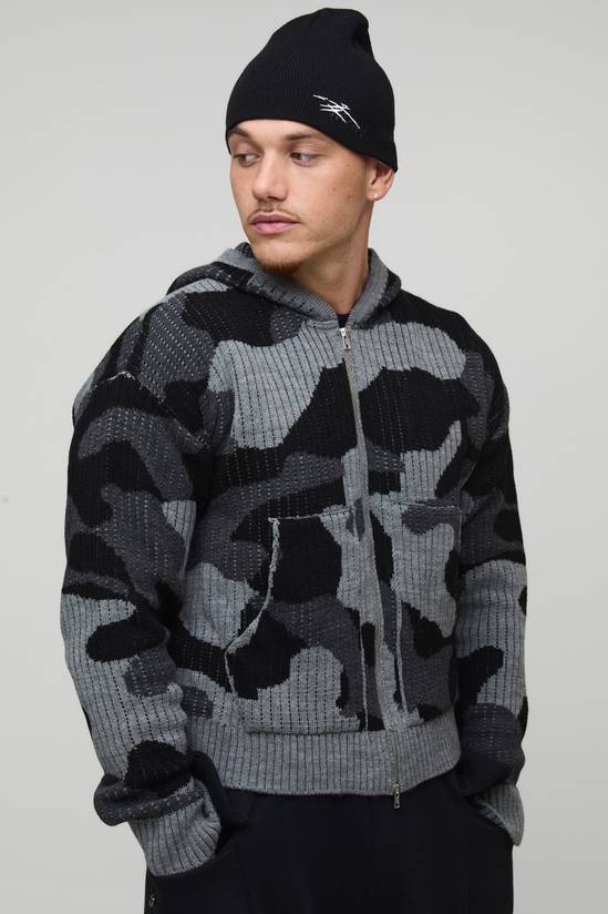 Boxy Fit Ribbed Camo Jacquard Knitted Zip Through Hoodie