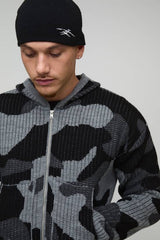 Boxy Fit Ribbed Camo Jacquard Knitted Zip Through Hoodie