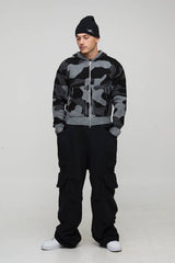 Boxy Fit Ribbed Camo Jacquard Knitted Zip Through Hoodie