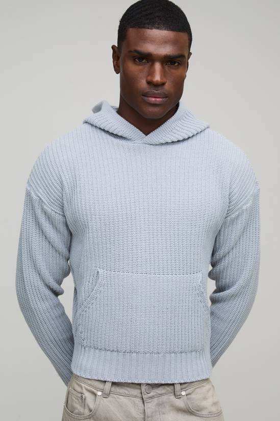 Boxy Fit Ribbed Knitted Hoodie