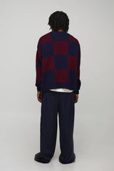 Oversized Boxy Checker Board Distressed Knitted Cardigan